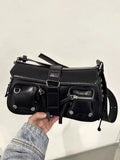 Black PU leather underarm baguette messenger bag with adjustable crossbody strap showing compact dimensions