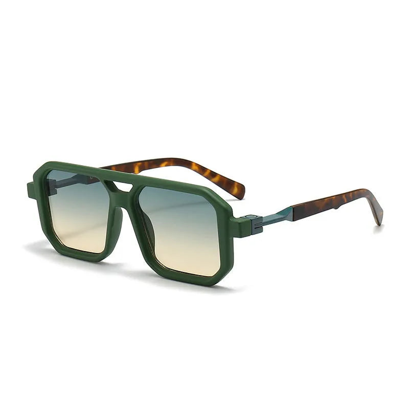 Retro double beam pilot sunglasses shown in a selection of colours including black frame with grey lenses and leopard print.