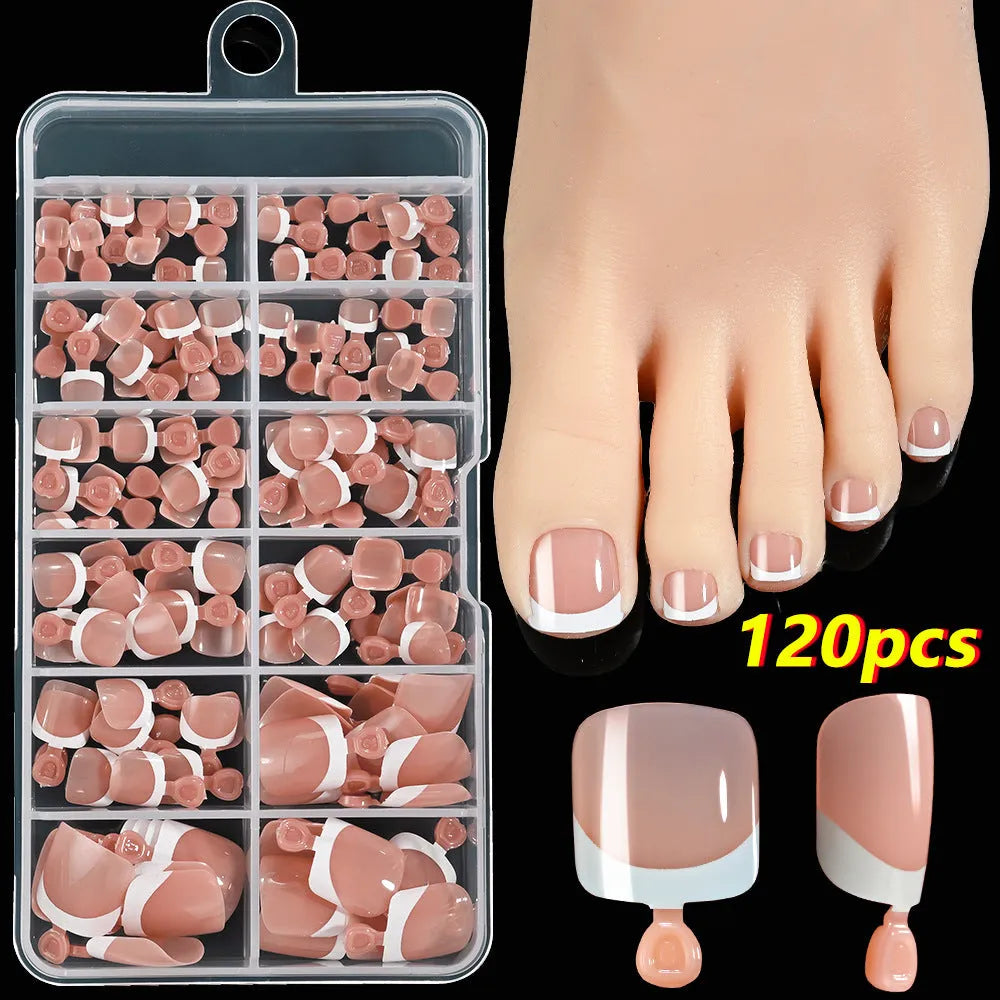 120 piece box of French white edge square toe nail capsules in nine nude colour shades