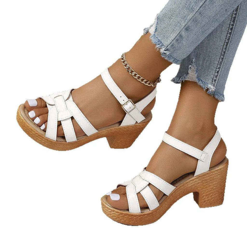 Plus size black peep toe women's sandals with a chunky heel and ankle buckle strap.