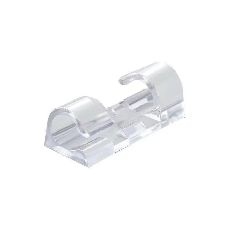 Transparent plastic self-adhesive cable routing clips in four sizes for wire organisation