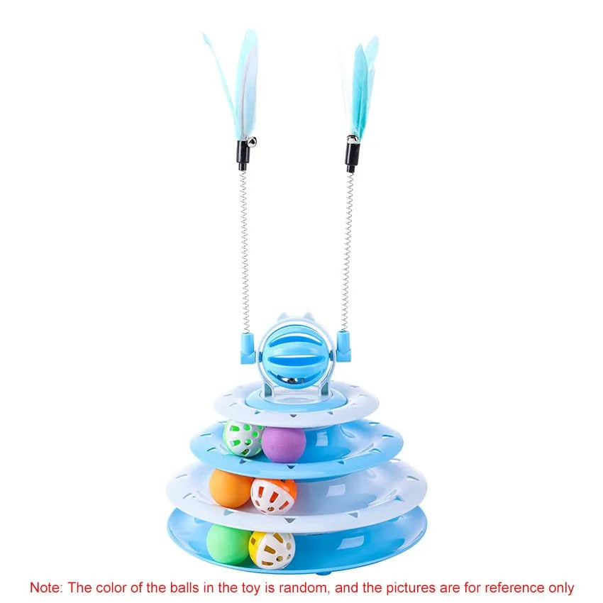 Blue 4-tier interactive cat puzzle toy with balls and teasing rods