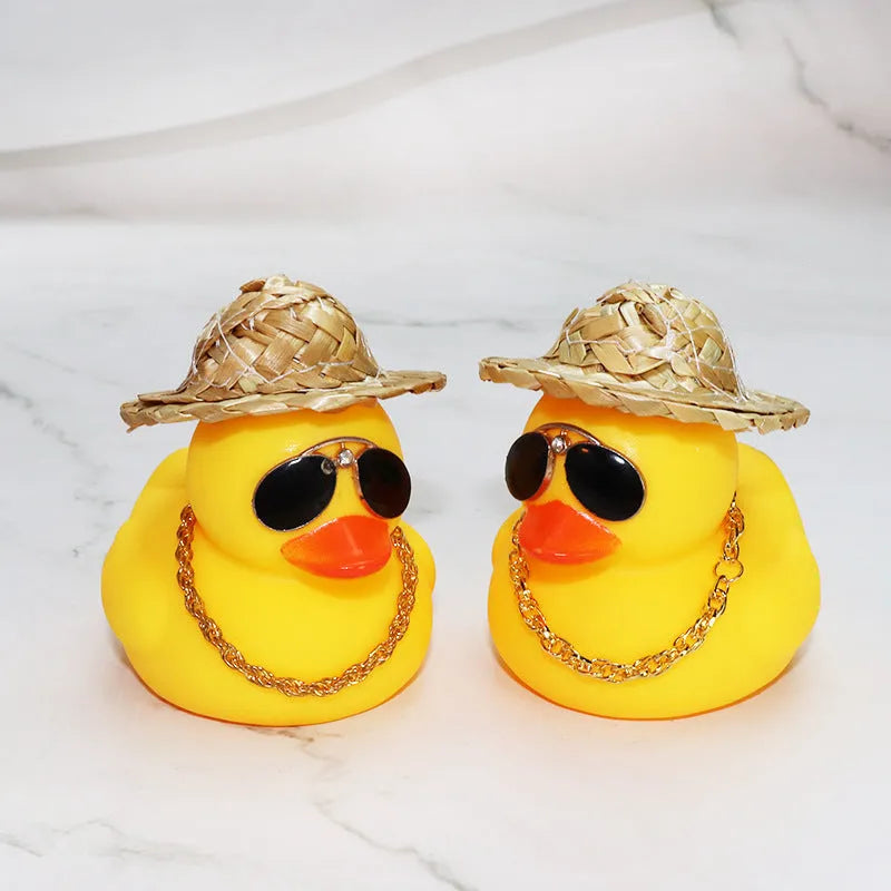 Straw Hat Yellow Duck cartoon car ornament with removable sunglasses necklace on dashboard