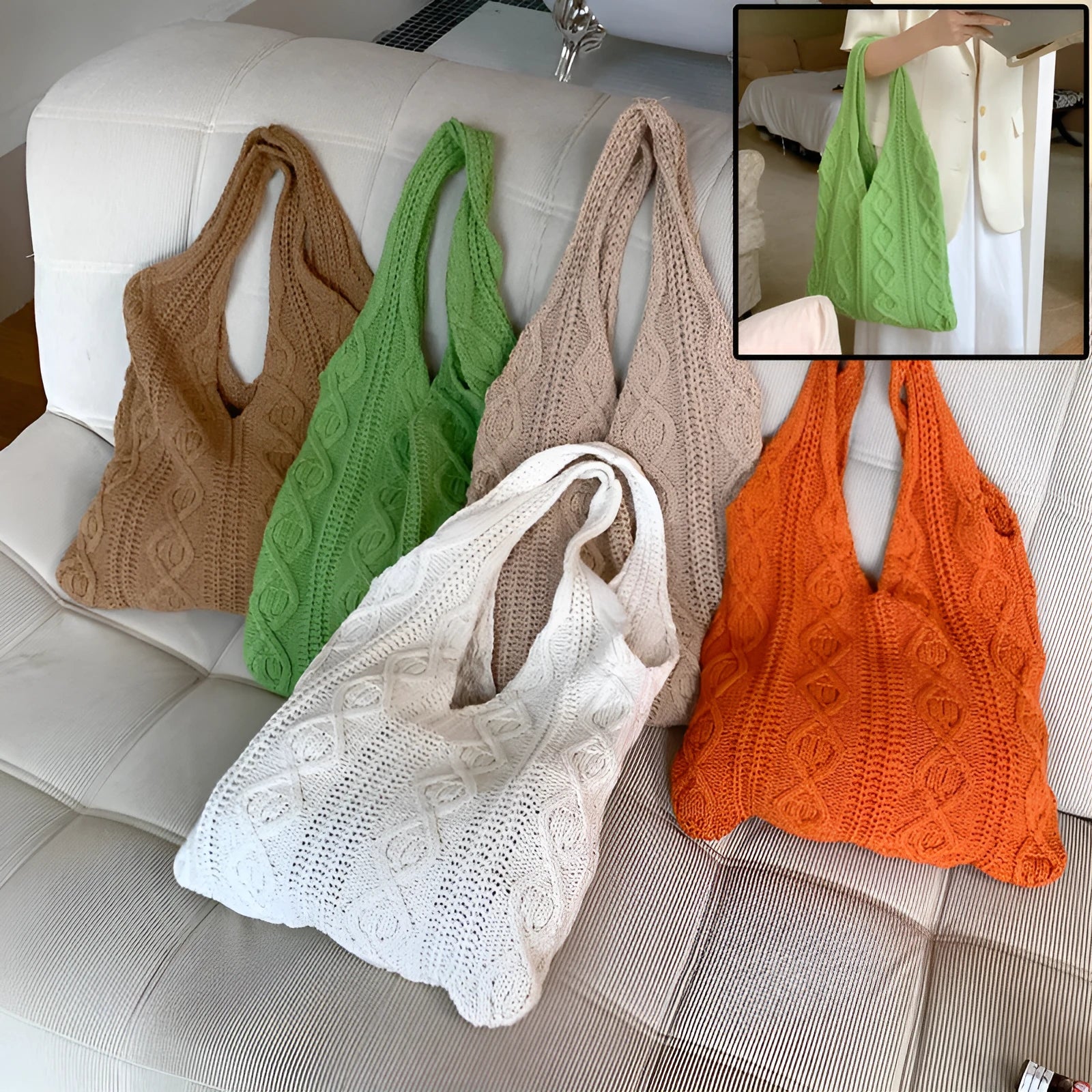 Retro hollow-knitted shoulder tote bag in solid colour with double straps showing textured yarn construction