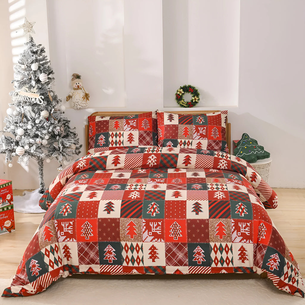 Christmas red plaid pattern bedding three-piece set with quilt cover and pillowcases on a bed.
