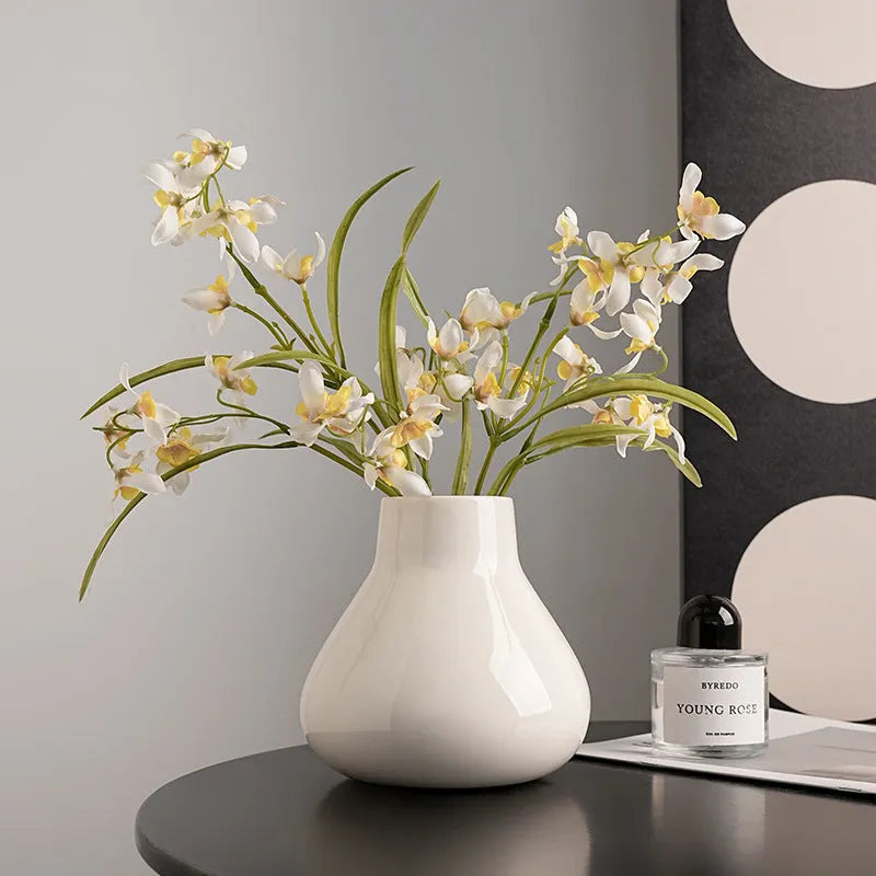 Ceramic round belly French vase with coloured glaze finish and fabric flowers in black or white option