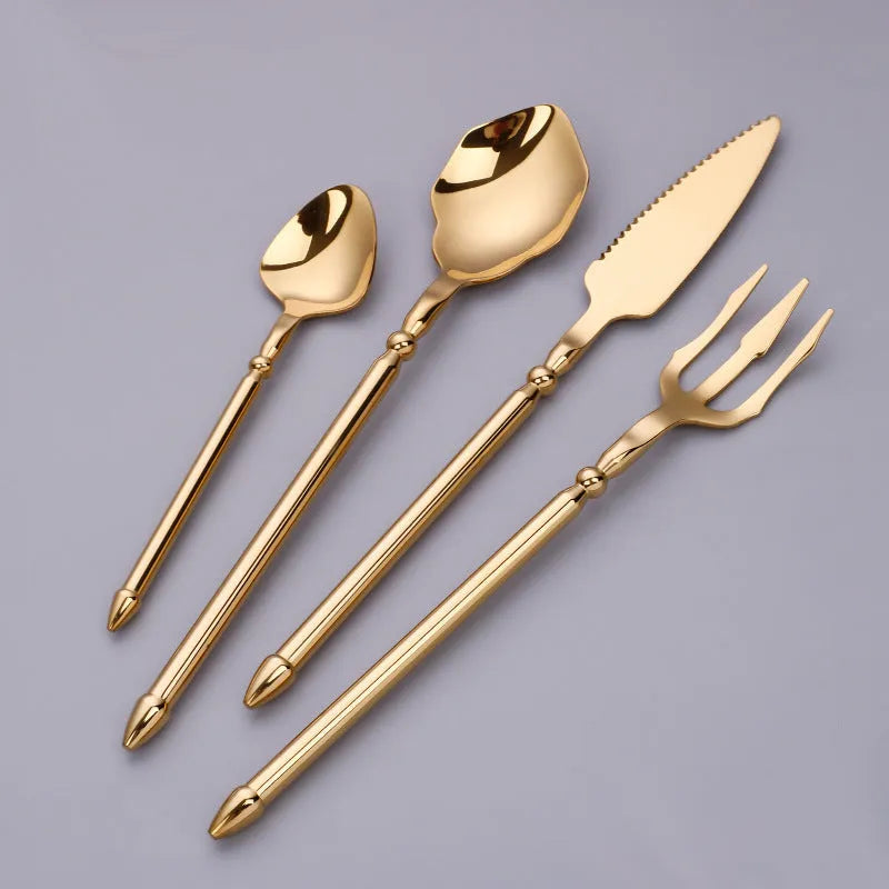 Stainless steel 4-piece cutlery set with knife fork and two spoons in a solid colour finish