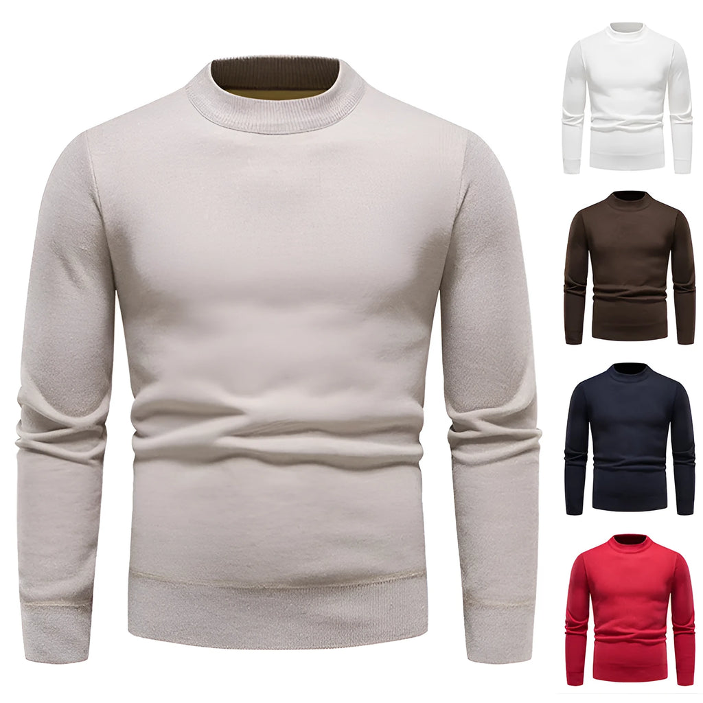 Fleece-lined thick men's bottoming sweater in loose fit pullover style, beige colour option