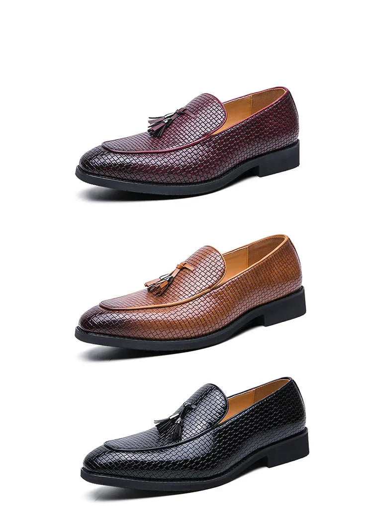 Men's black slip-on shoes with pointed toe and tassel decoration on artificial PU upper