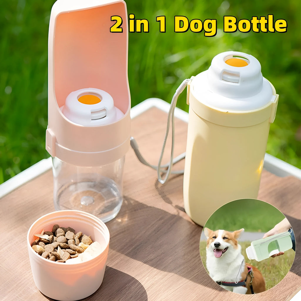 Grey foldable 2-in-1 dog water bottle and feeder with lanyard, showing food and water compartments.