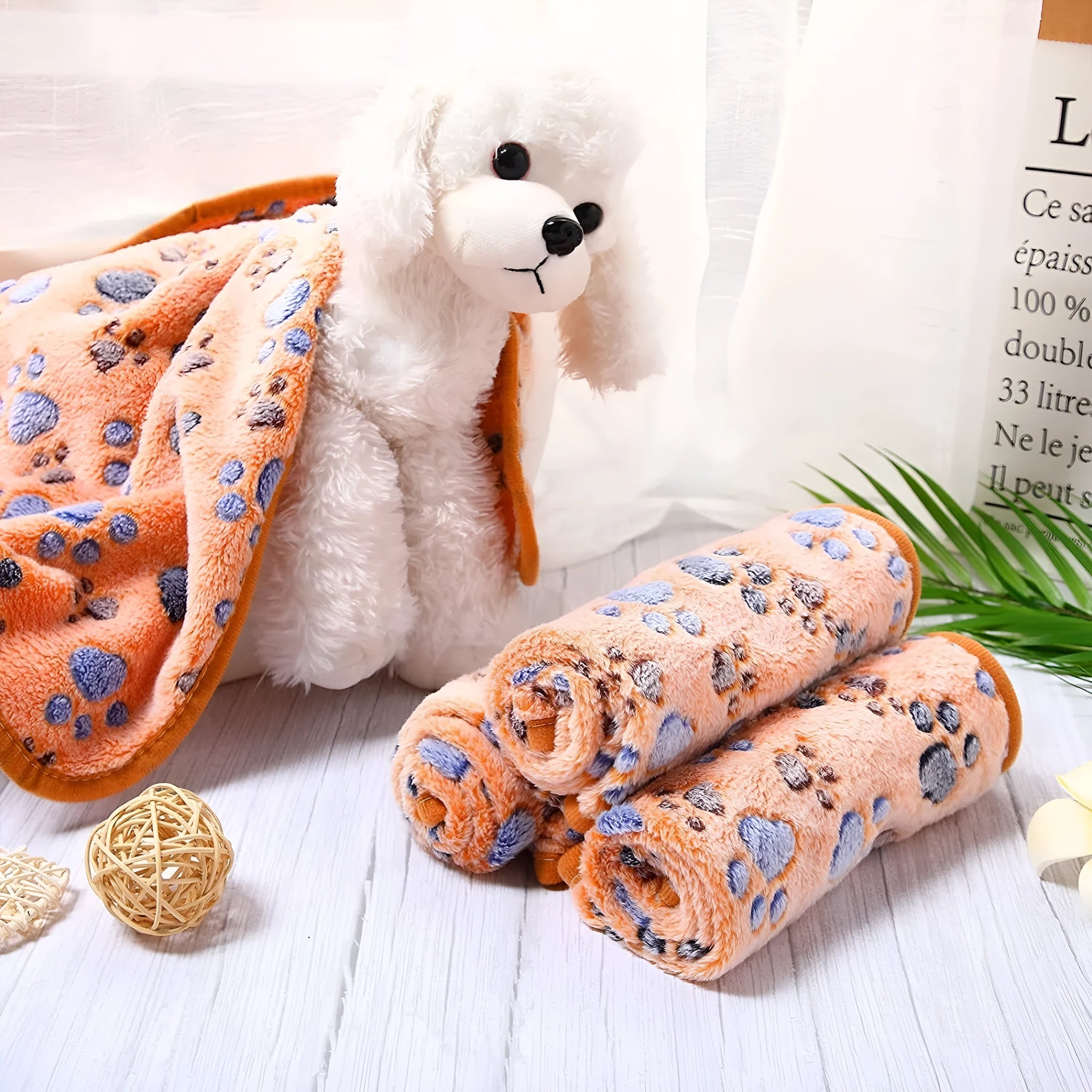 Coral fleece pet blanket with paw print design in beige colour laid flat showing size