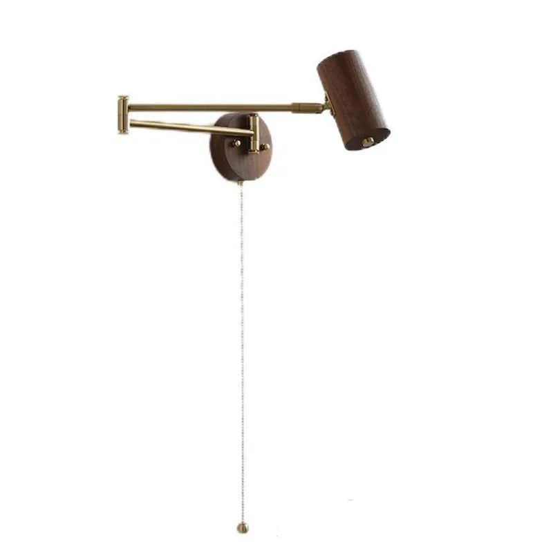 Retro rotating wall lamp with long-arm spotlight in walnut wood and iron with directional adjustment switch