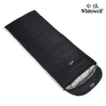 Black outdoor down sleeping bag with envelope structure and white goose down filling.