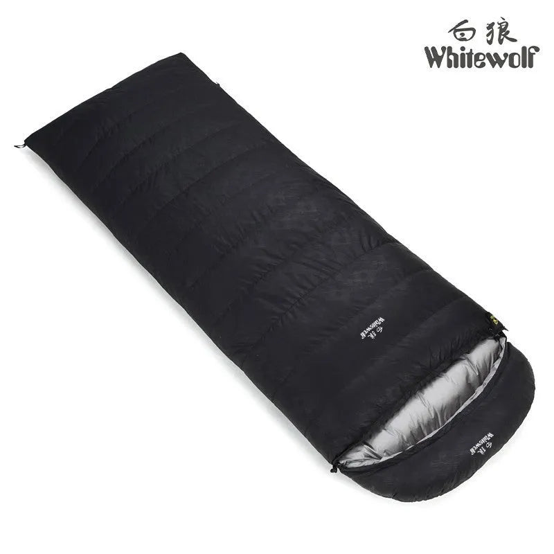 Black outdoor down sleeping bag with envelope structure and white goose down filling.