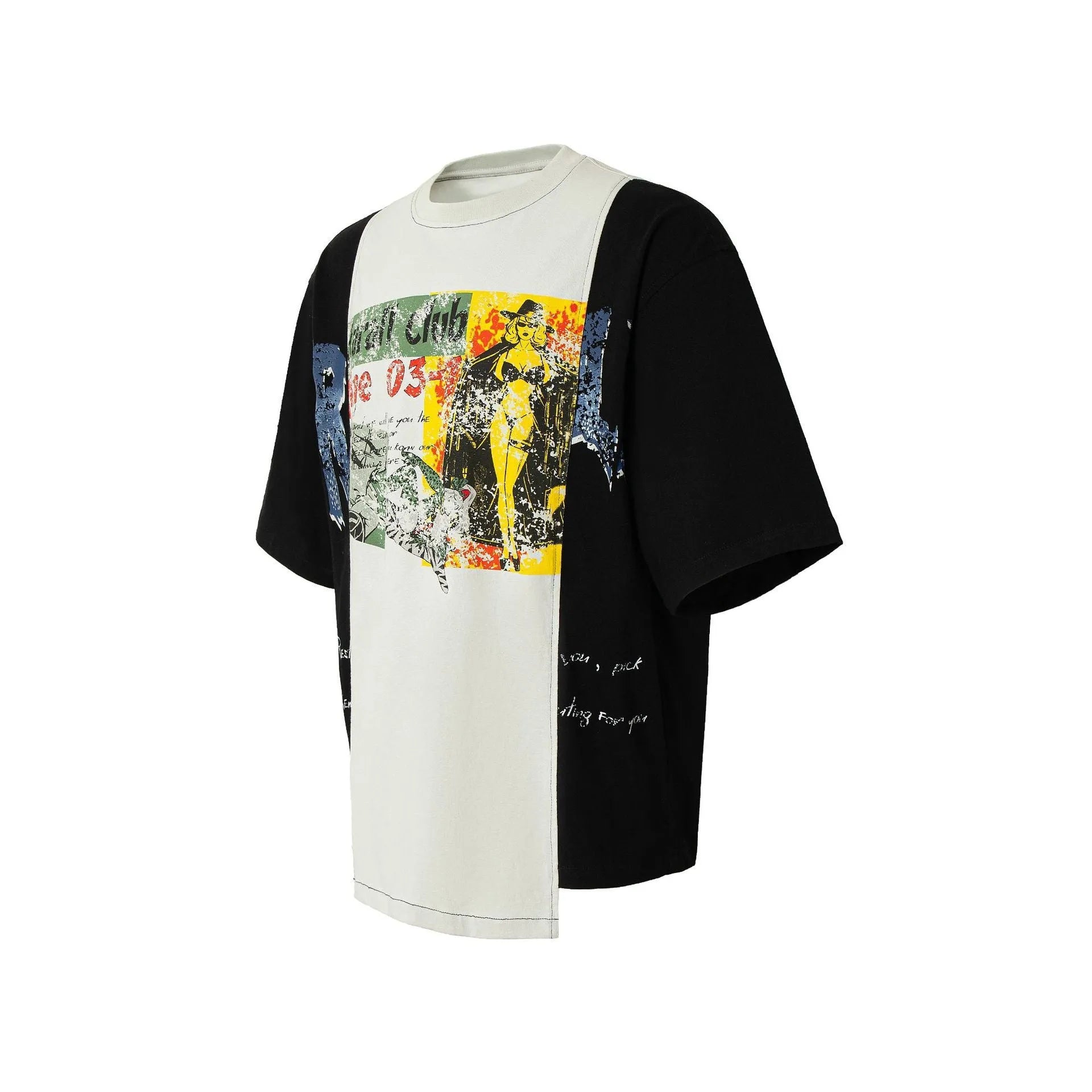 Black and white broken collage print on a loose-fit cotton blend short sleeve T-shirt.
