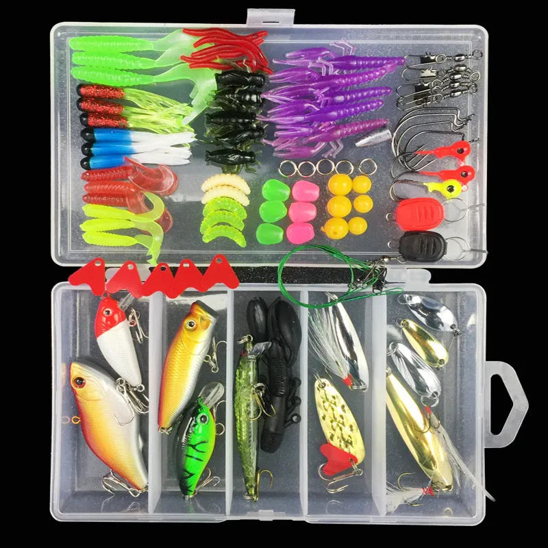 Fishing lure suit in PP plastic tackle box containing colour thread and thunder frog lures