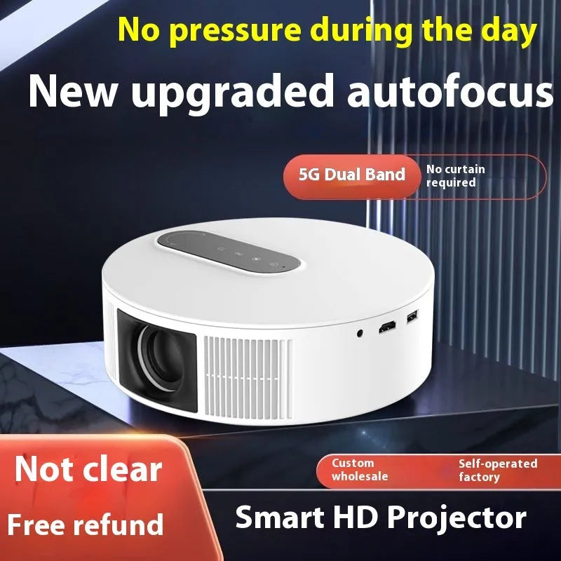 White HD home projector with remote control for bedroom cinema and smart home entertainment