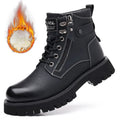 Men's brown leather high-top boots with side zip, thermal lining, and rubber sole
