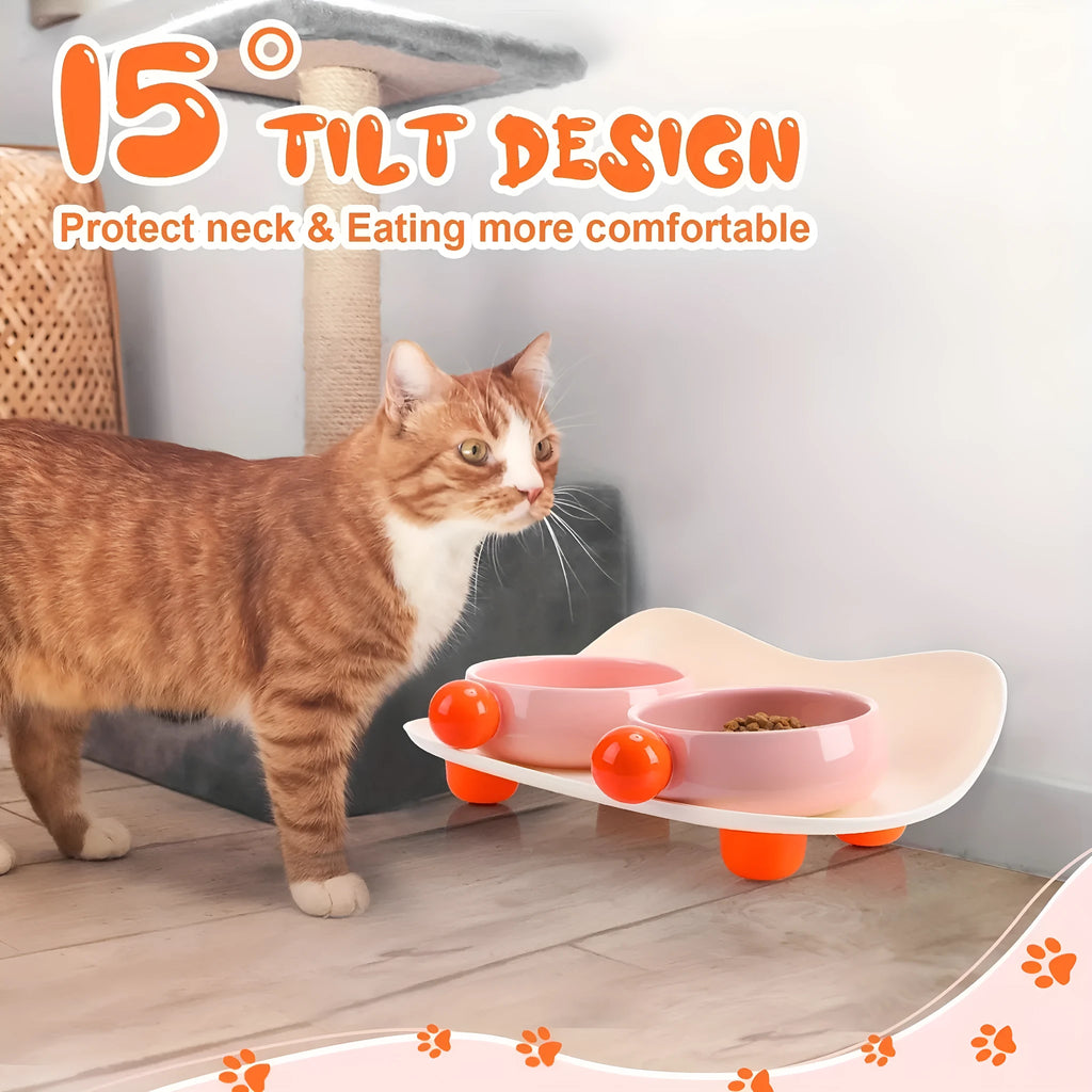 Ceramic raised pet feeder with two bowls for food and water on non-slip base