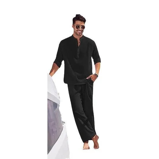 Men's solid colour casual cotton long sleeve trouser suit shown in available colours