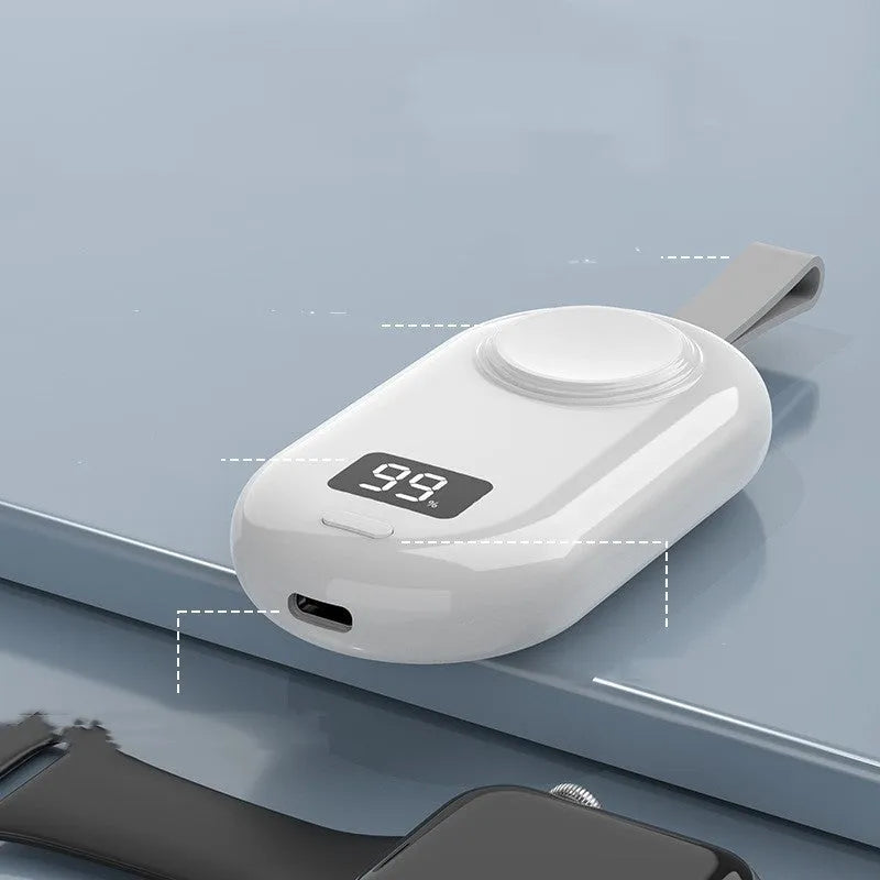 White and black wireless portable power bank for V5 watch with USB-C cable