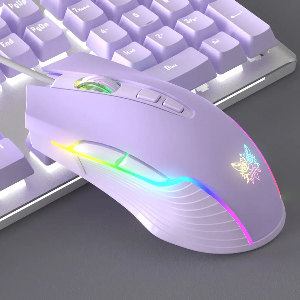 Purple and white mechanical keyboard and mouse wired gaming bundle with backlit keys