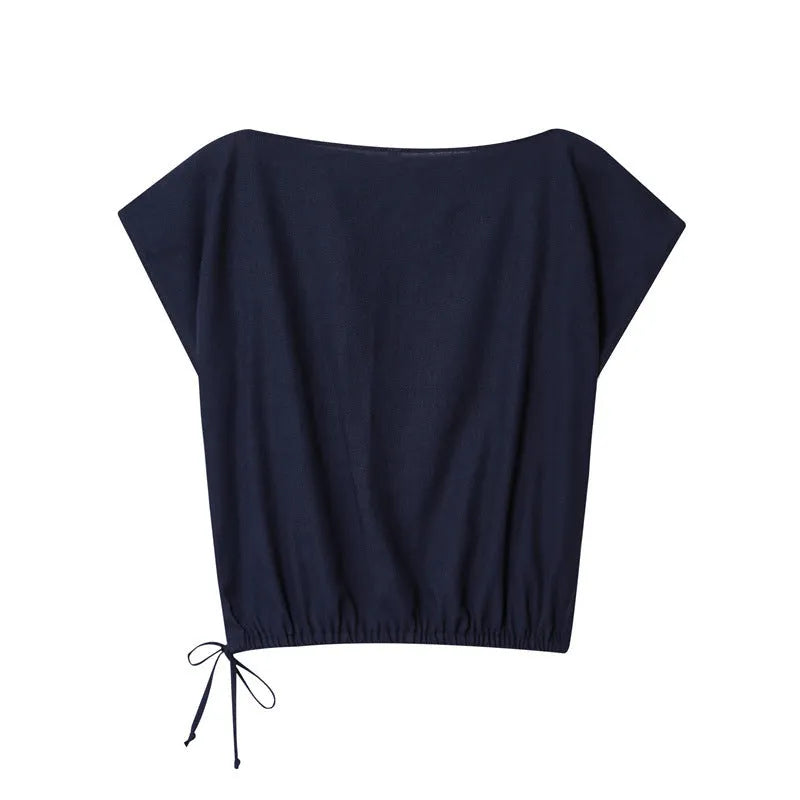 Women's linen blend off-shoulder flounced sleeve top with matching wide leg trousers suit