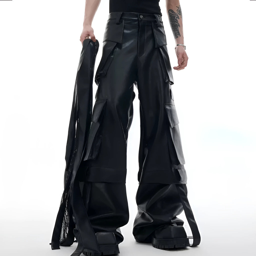 Black loose fit leather pants with multiple pockets and quilted stitching detail