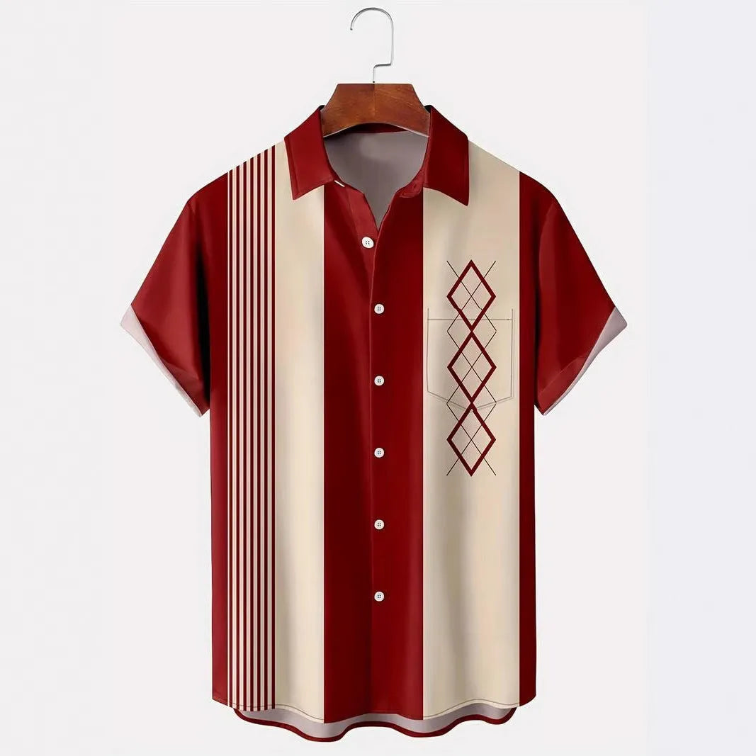 Men's plaid pattern short-sleeved shirt with lapel collar in loose fit regular cut cardigan style