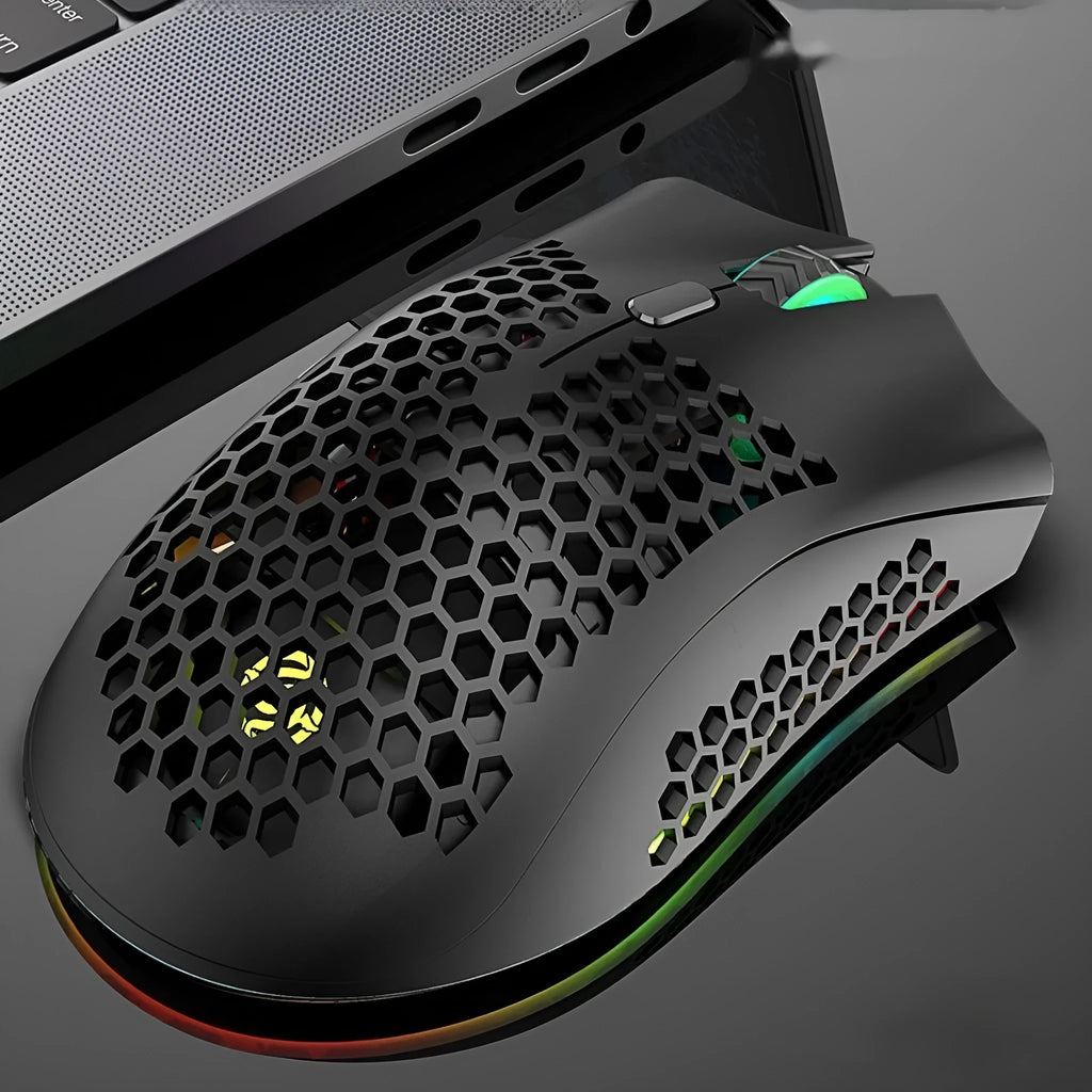 Hollow shell wireless mouse with LED lighting in black, cyan or white colour options