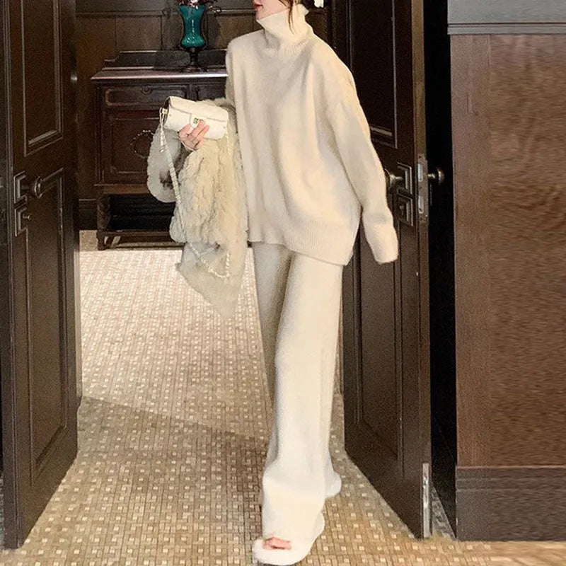 Women's beige acrylic fibre sweater and wide leg pants two-piece casual set