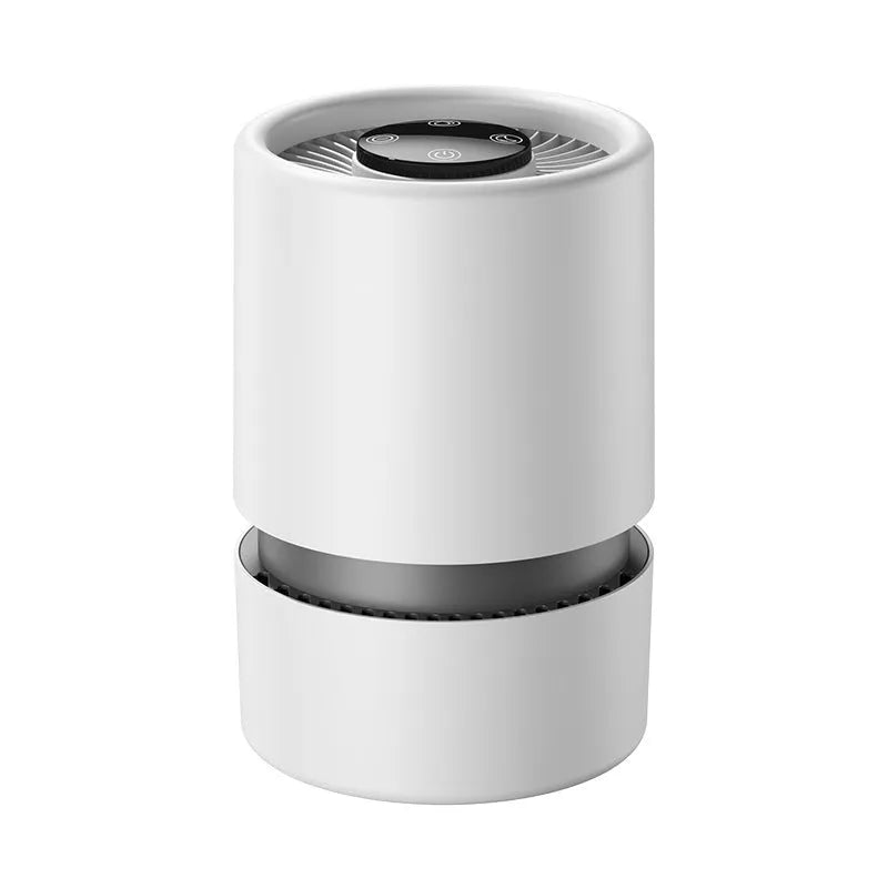 White desktop air purifier unit with USB cable for formaldehyde and odour removal in small rooms