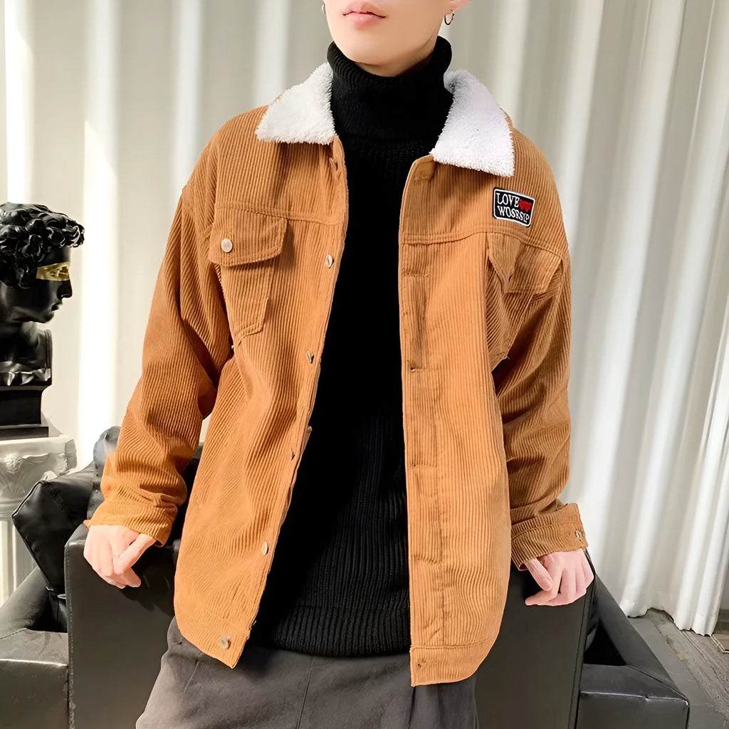 Men's corduroy workwear jacket in loose fit with stick pockets available in khaki, green and black colours