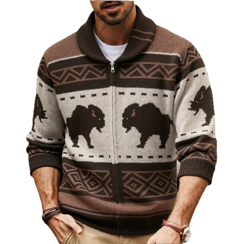 Men's brown retro jacquard knit thickened deer fleece cardigan with long sleeves