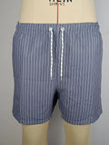 Men's navy blue polyester casual shorts with a visible striped triangle lining inside.