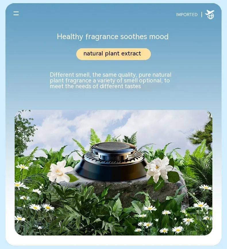 Solar-powered kinetic car air freshener with double-ring rotating mechanism in black plastic housing