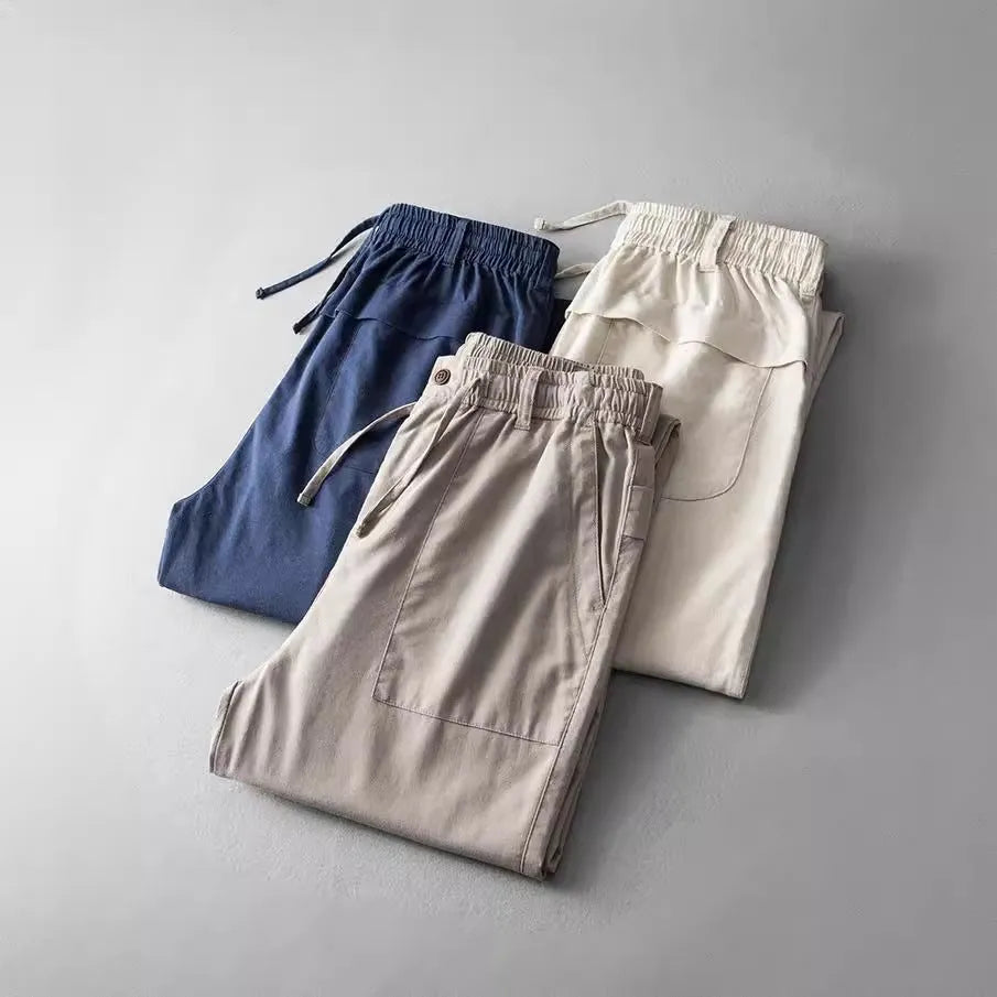 Men's solid colour linen casual trousers in mid-waist fit