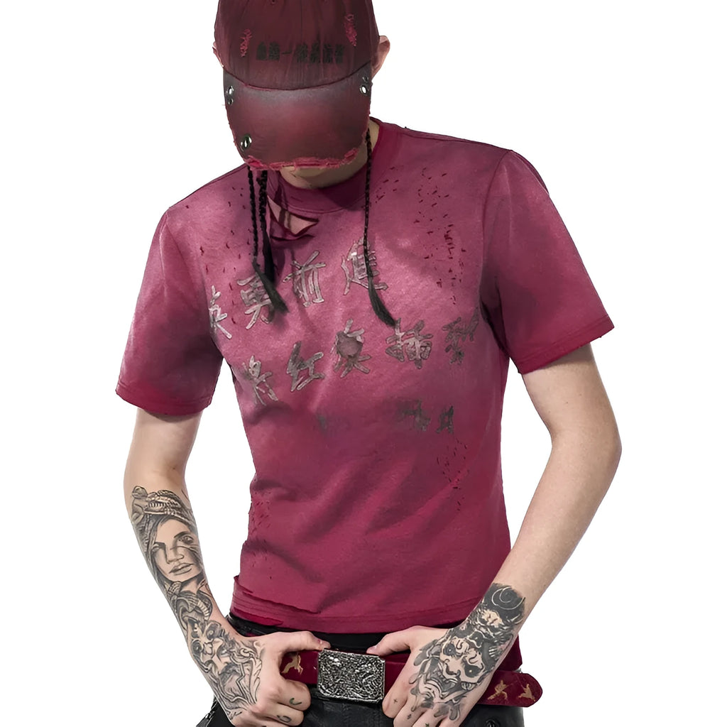 Men's red distressed dirty wash slim fit t-shirt with round neck and short sleeves