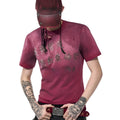 Men's red distressed dirty wash slim fit t-shirt with round neck and short sleeves