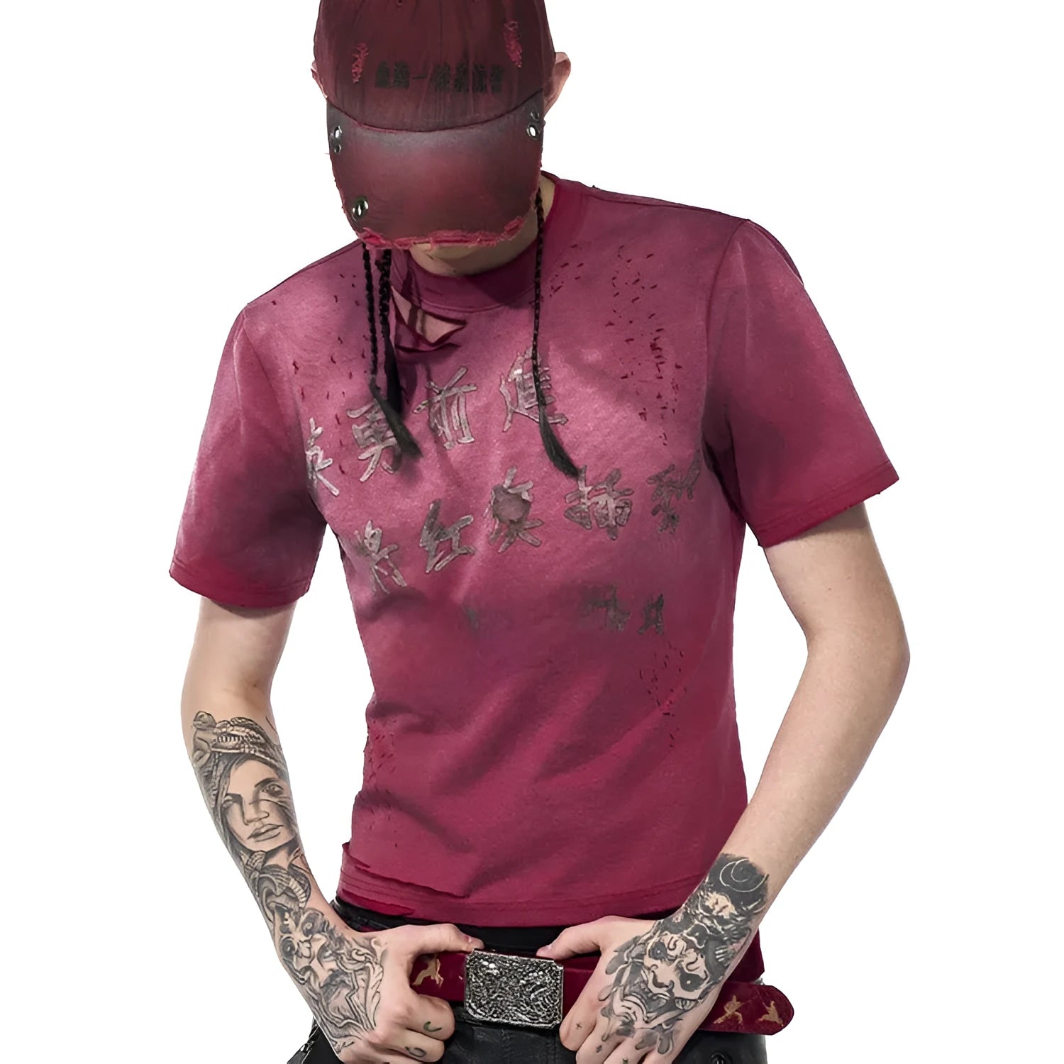Men's red distressed dirty wash slim fit t-shirt with round neck and short sleeves