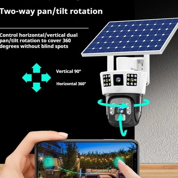 Solar-powered outdoor surveillance camera with integrated solar panel and wireless design