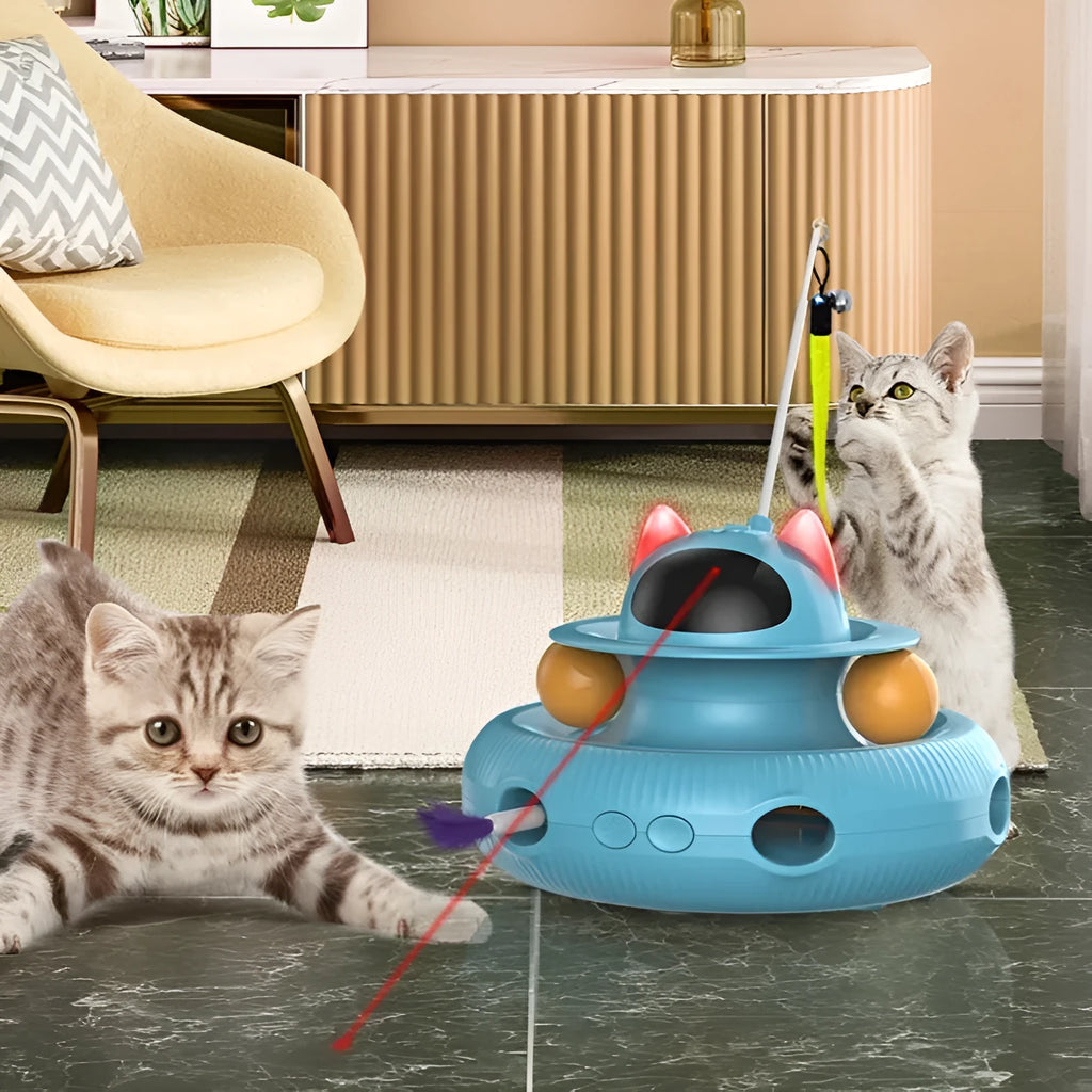 Self Hi Cat Teaser automatic infrared laser toy with feathers, balls, and cat horn on a white background