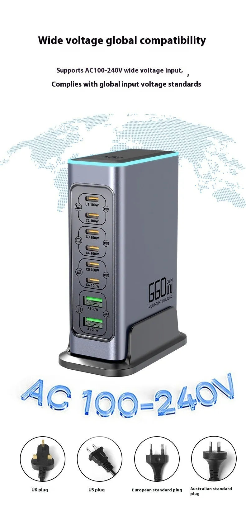 660W Gallium Nitride desktop charger with multiple international plug options