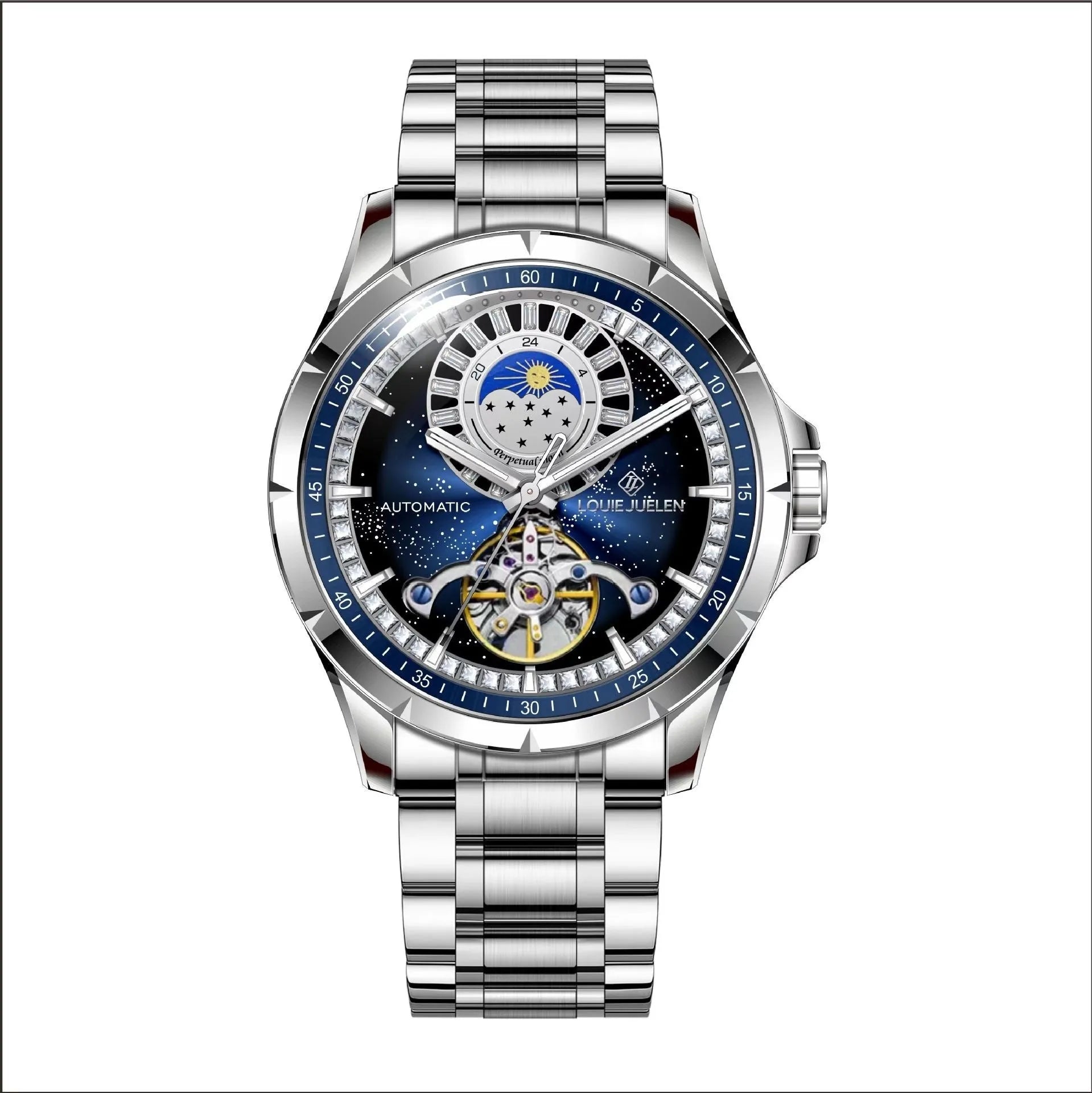 Men's silver waterproof automatic mechanical watch with blue face and stainless steel strap
