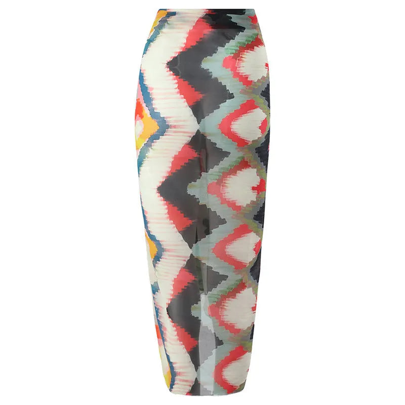 Women's striped two-piece swimsuit with matching hip skirt in gradient print