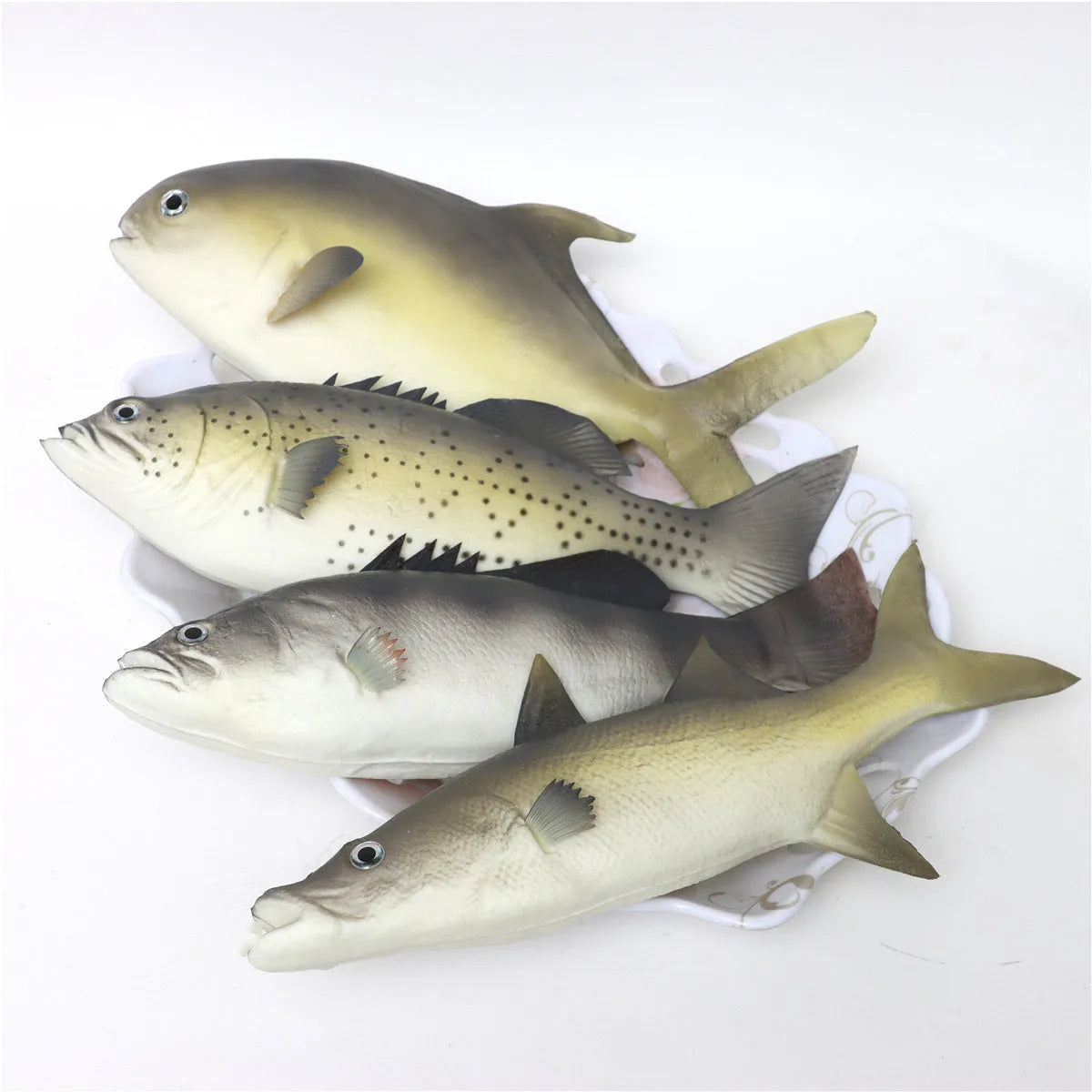 PU simulated fish ocean animal model toys including yellow-fin tuna, flower fish, and yellow croaker ornaments