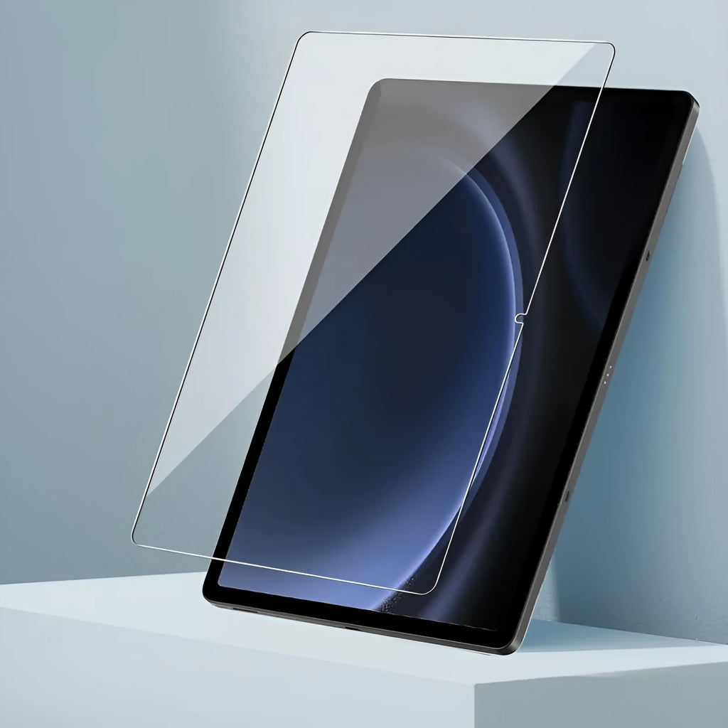 Tempered glass screen protector for Samsung Galaxy tablets on a leather pouch