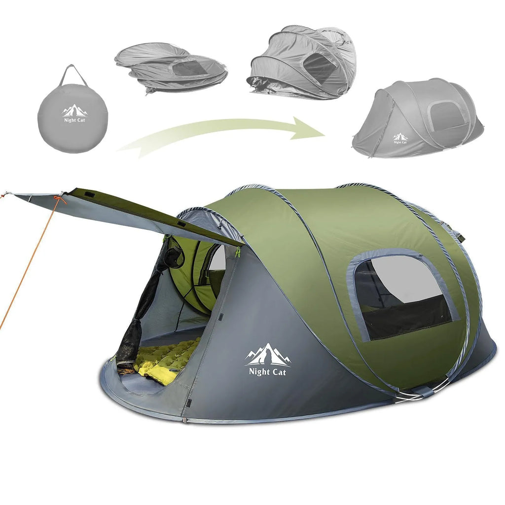 Dark green pop-up camping tent for two people showing automatic setup mechanism