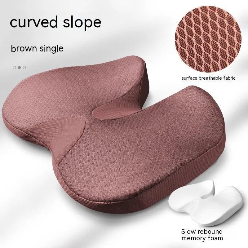 Curved bevel cushion with memory foam for tailbone support in black, grey, brown, and beige colours