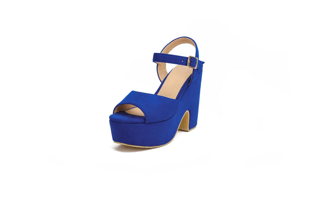Black suede platform sandals for women with an ankle strap and open toe.